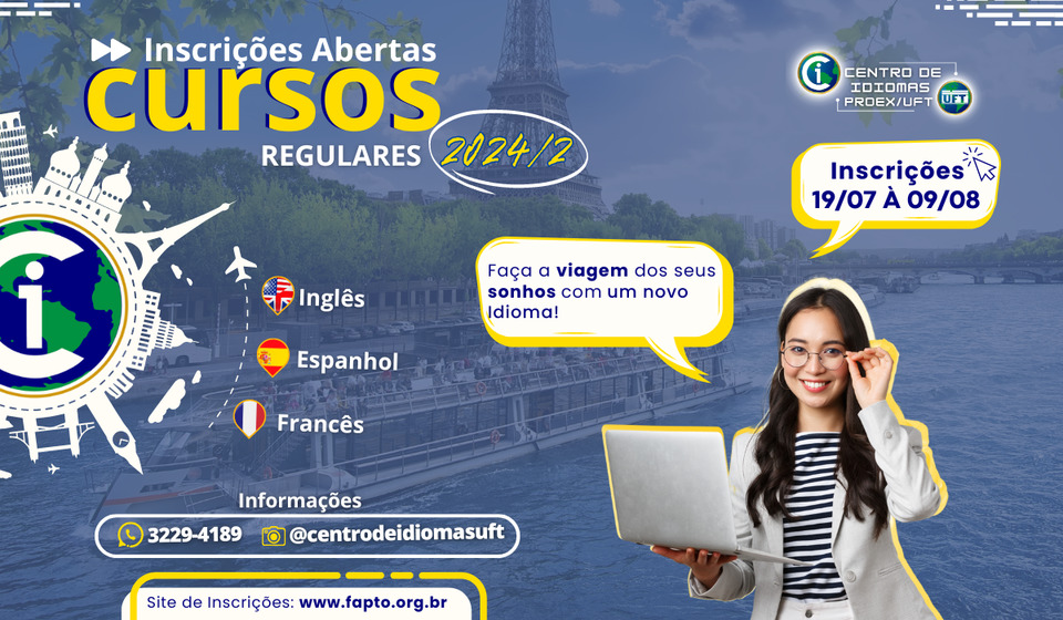 imagem mostra mulher segurando computador e informações sobre os cursos